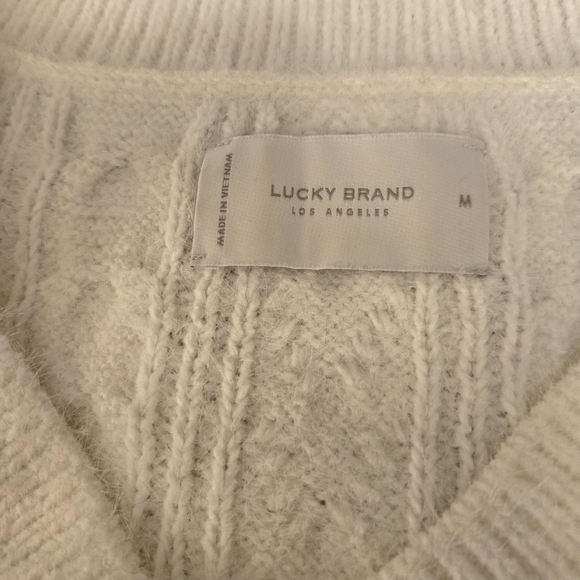 Lucky Brand Fuzzy Cable-knit V-neck Eyelash Sweater. Ivory Textured, Soft Knit. - Picture 5 of 5